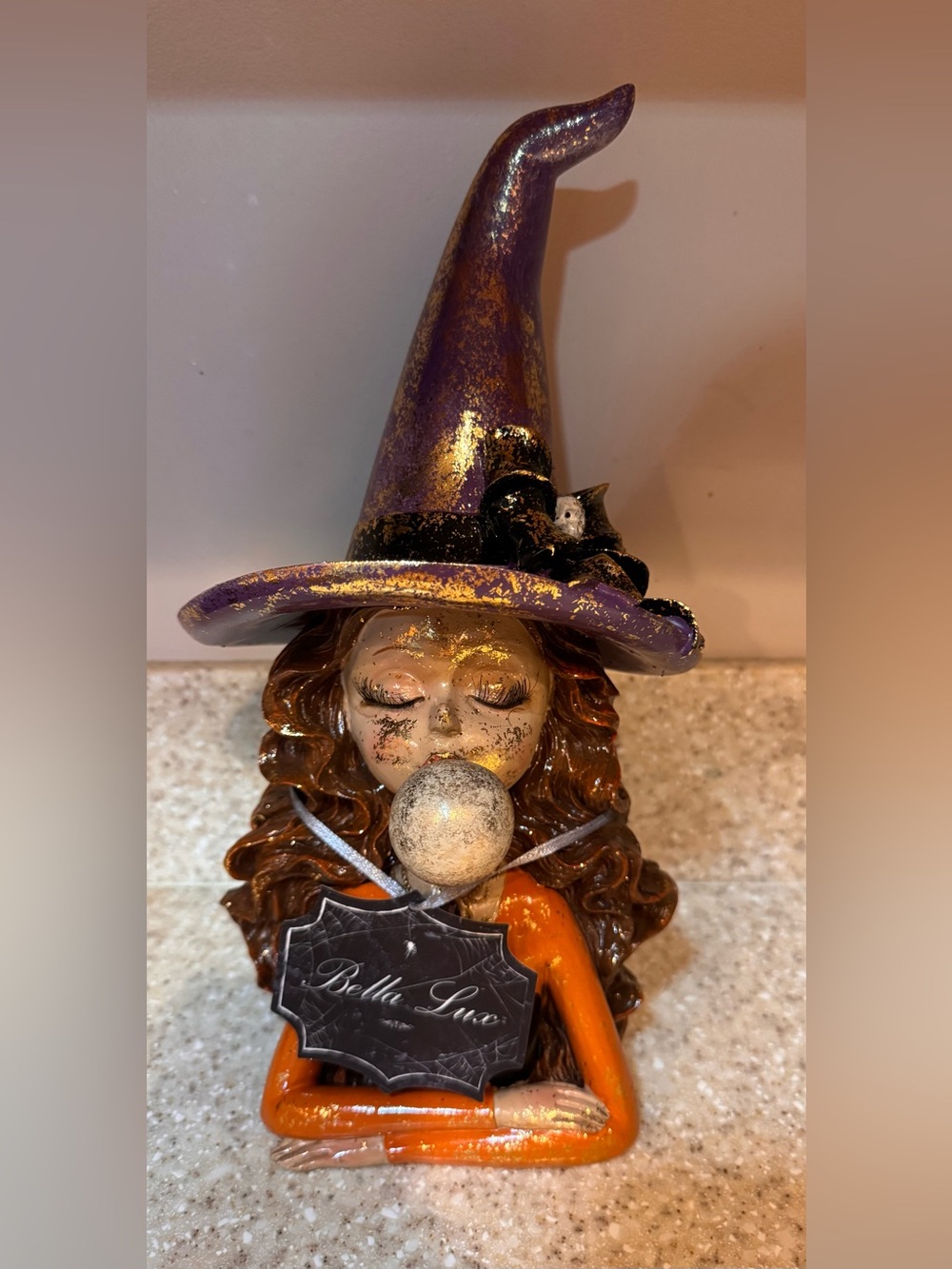 Bella Lux 11” High Purple and Orange Witch Blowing Bubble Figurine Home Accent